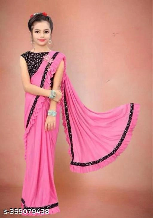 Lycra Solid Saree for Girls (Baby Pink, 3-4 Years)