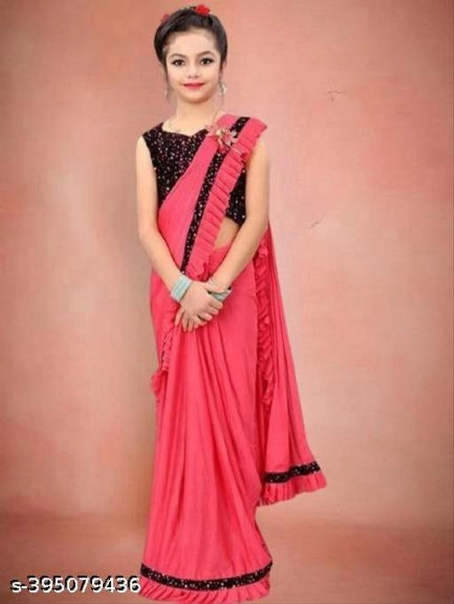 Lycra Solid Saree for Girls (Pink, 3-4 Years)