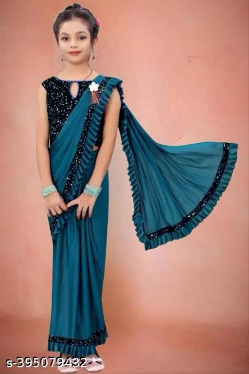 Lycra Solid Saree for Girls (Teal, 3-4 Years)