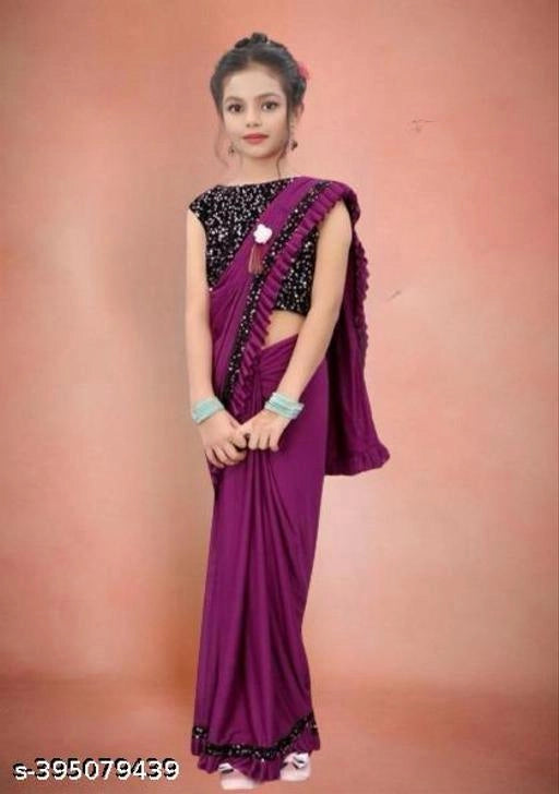 Lycra Solid Saree for Girls (Purple, 3-4 Years)