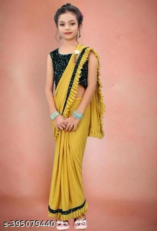 Lycra Solid Saree for Girls (Mustard, 4-5 Years)