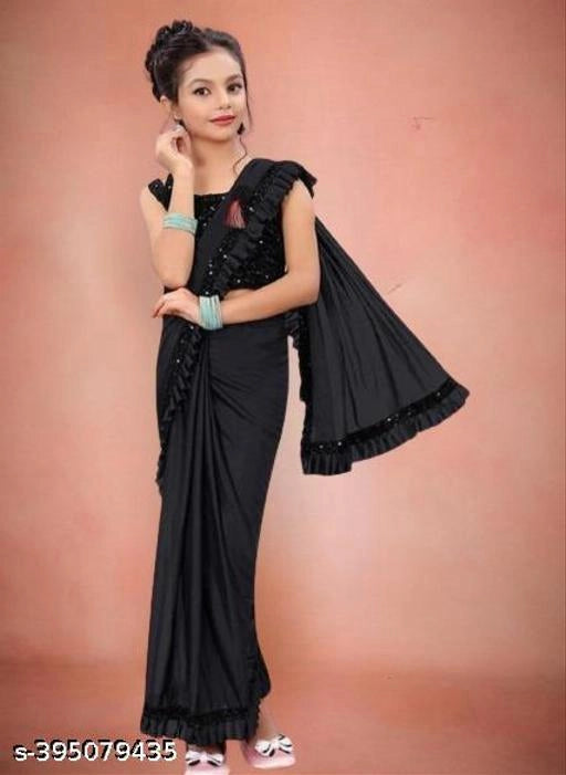 Lycra Solid Saree for Girls (Black, 3-4 Years)